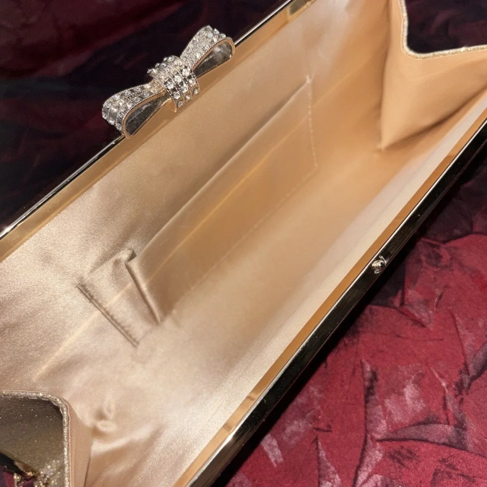 Gold Metallic Glitter Frame Crossbody Clutch Evening Bag Rhinestone Bow Clasp EC